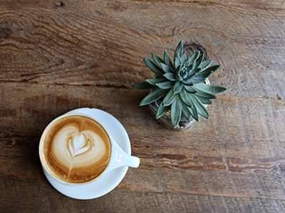 Cappuccino with heart latte art beside a small plant