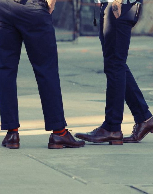Navy tailored trousers and leather shoes