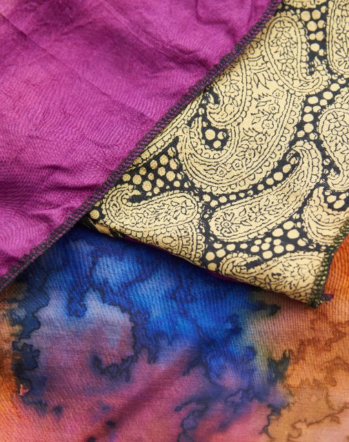 Folded printed silk sari fabrics