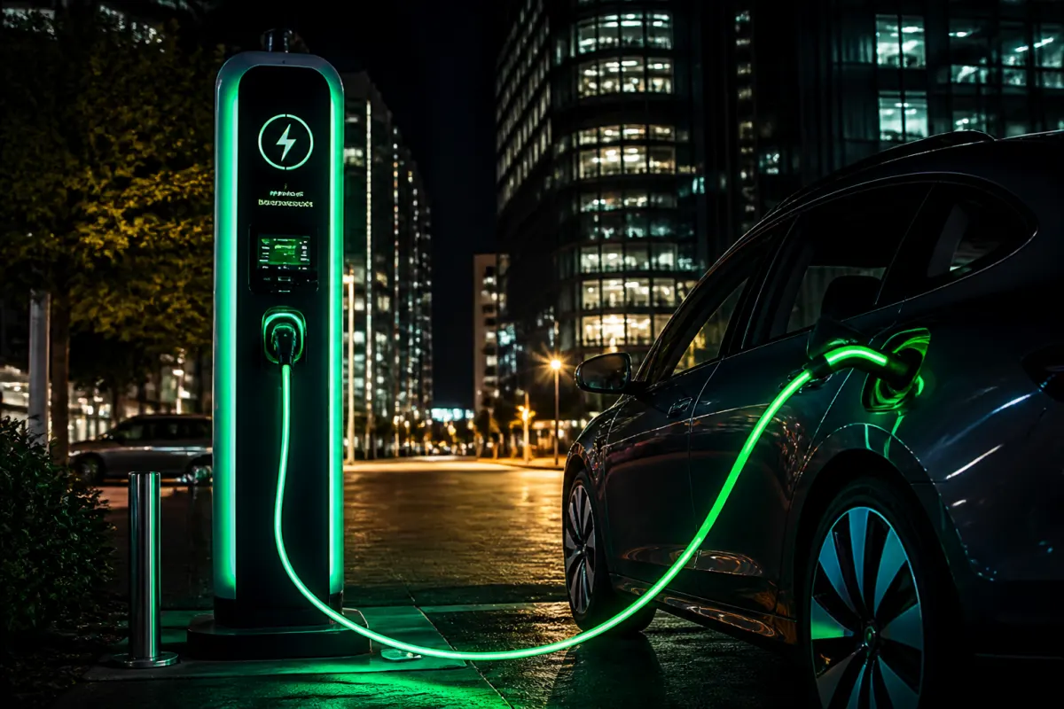 EV charging station at night, glowing cables