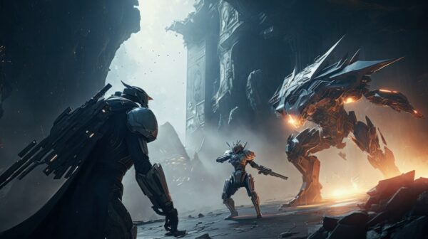 In-game scene: duel at dusk