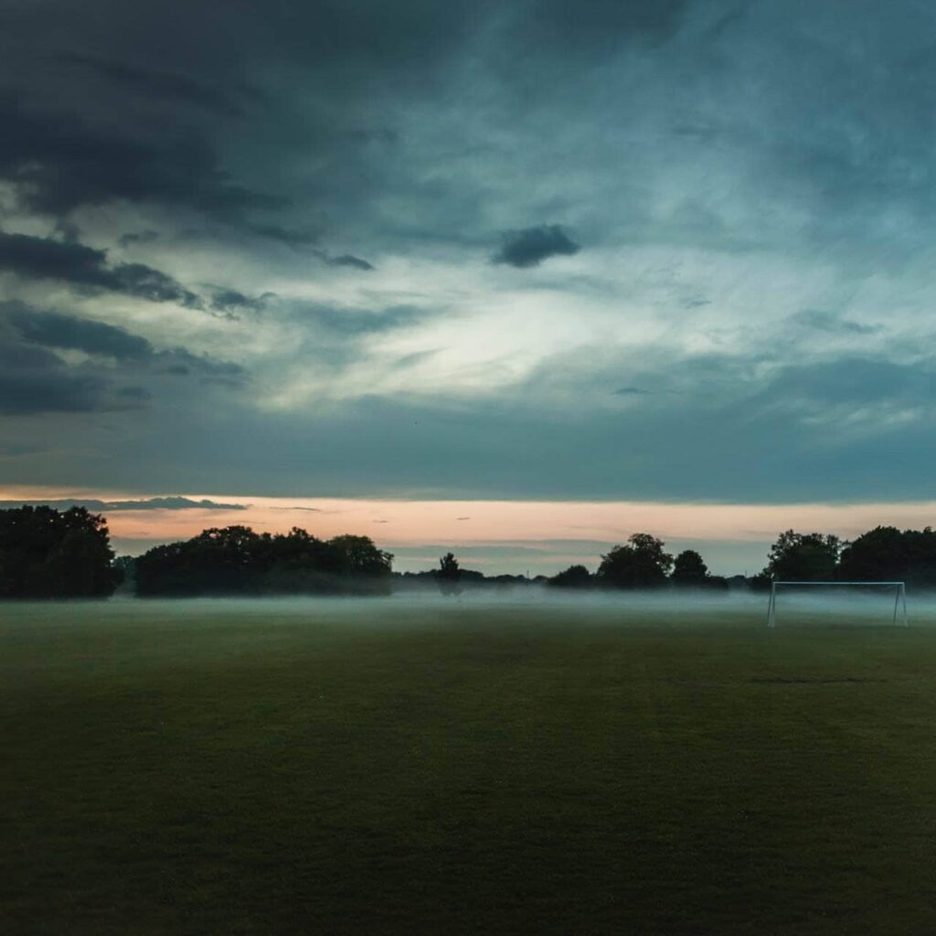 Misty marsh at blue hour under a stormy sky