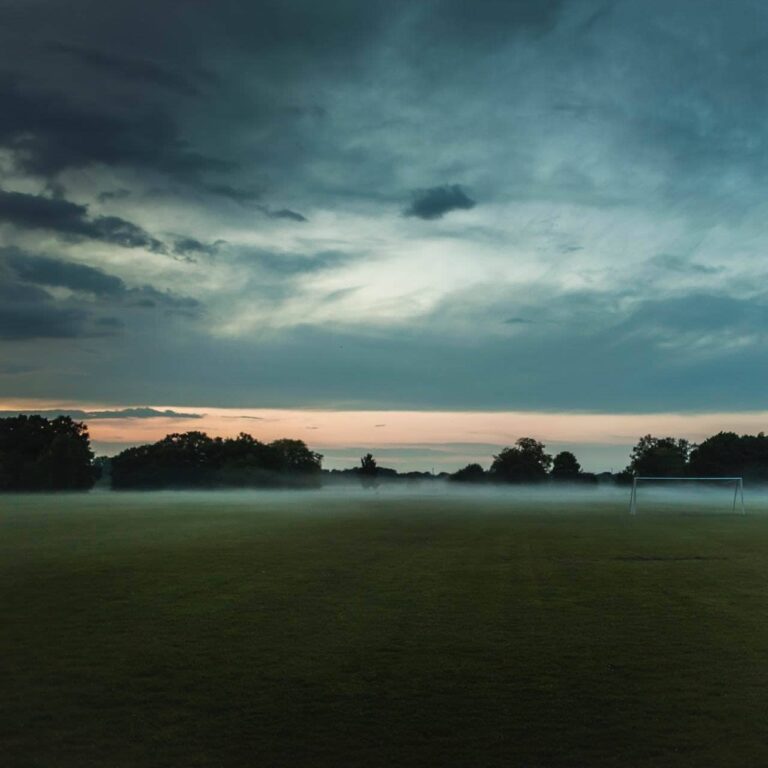 Misty marsh at blue hour under a stormy sky