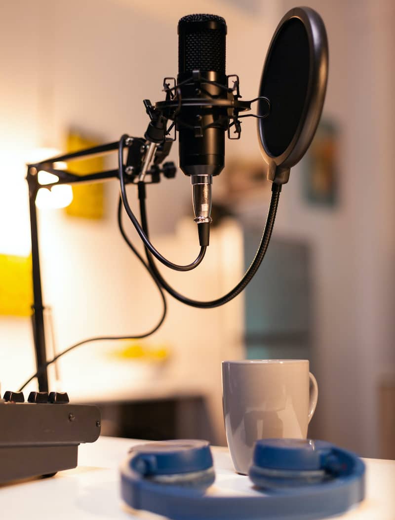 Microphone in the podcast recording booth