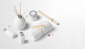Spa products arranged on a stone tray