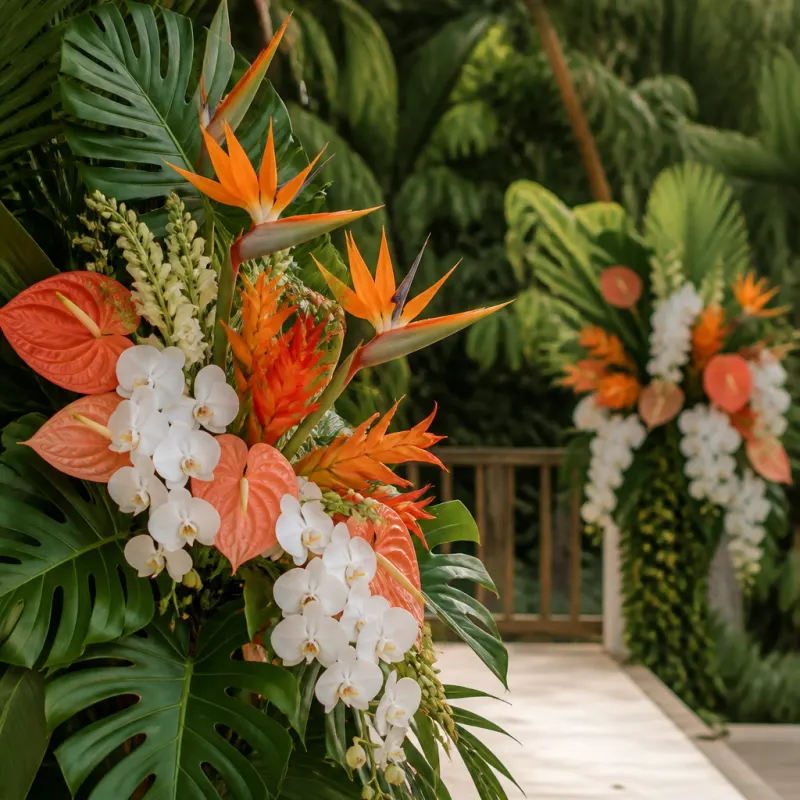 Tropical wedding ceremony flowers with bird of paradise