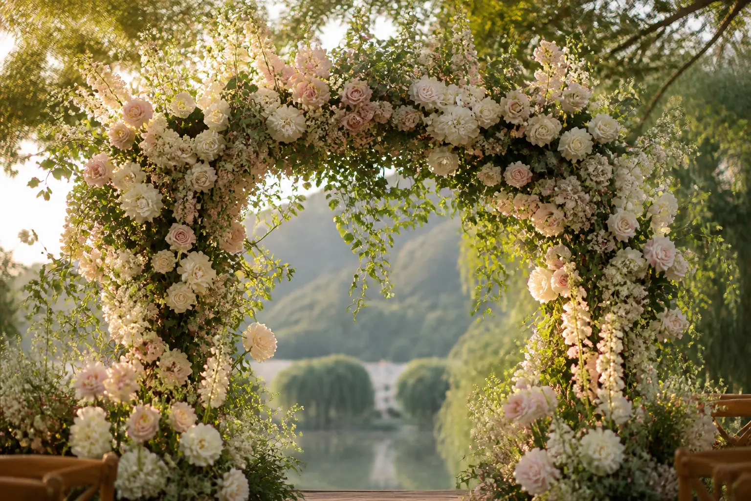 Romantic floral arch with cascading roses and greenery