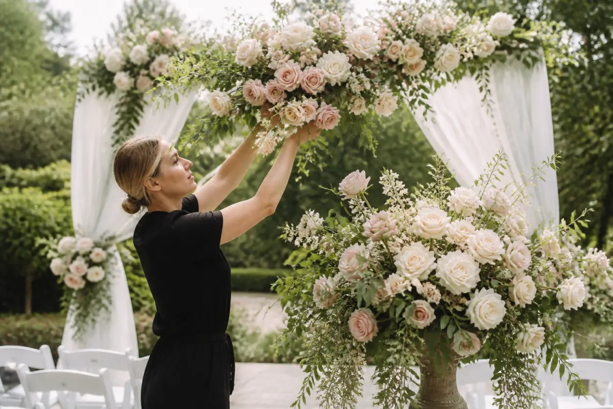 Florist arranging ceremony flowers in garden setting