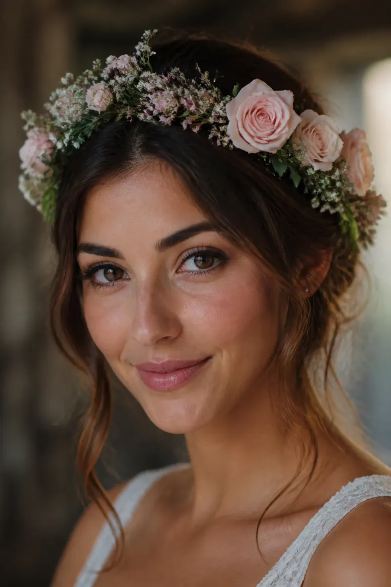 Bride wearing delicate blush flower crown