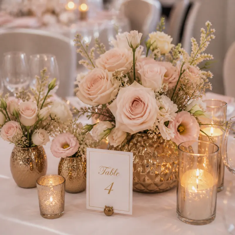 Elegant table centrepiece with roses and candlelight